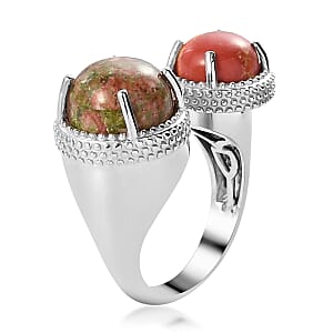 Karis Unakite and Mojave Orange Turquoise Open Band Ring in Platinum Bond (Size 9.0) 6.65 ctw