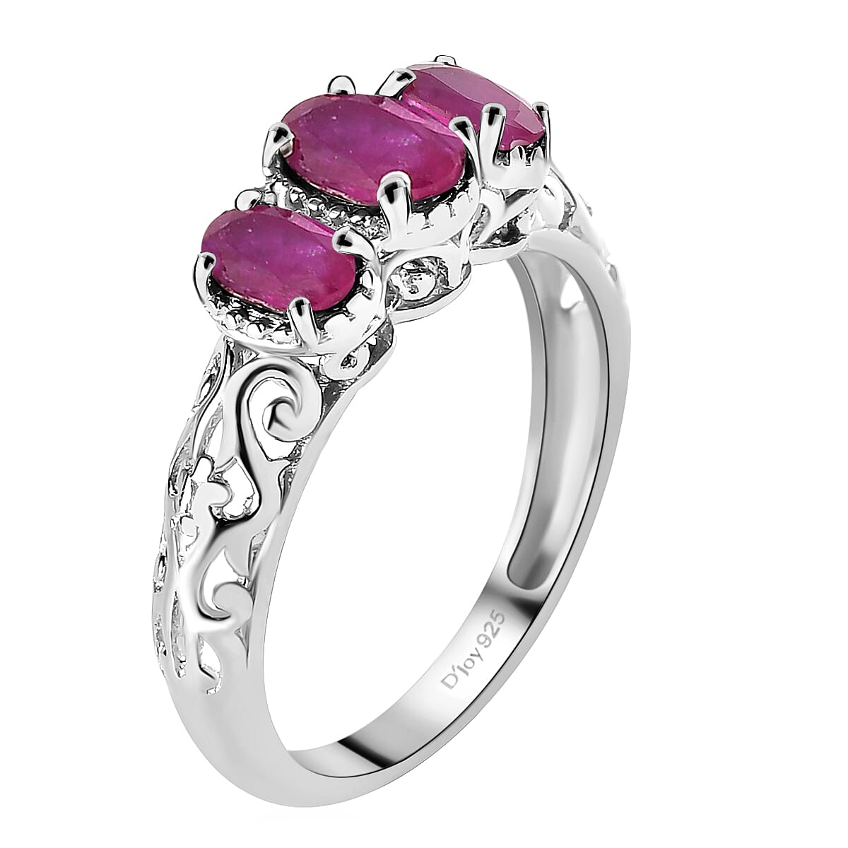 D'Joy Niassa Ruby (FF) 1.40 ctw 3 Stone Ring in Platinum Over Sterling Silver (Size 10.0)