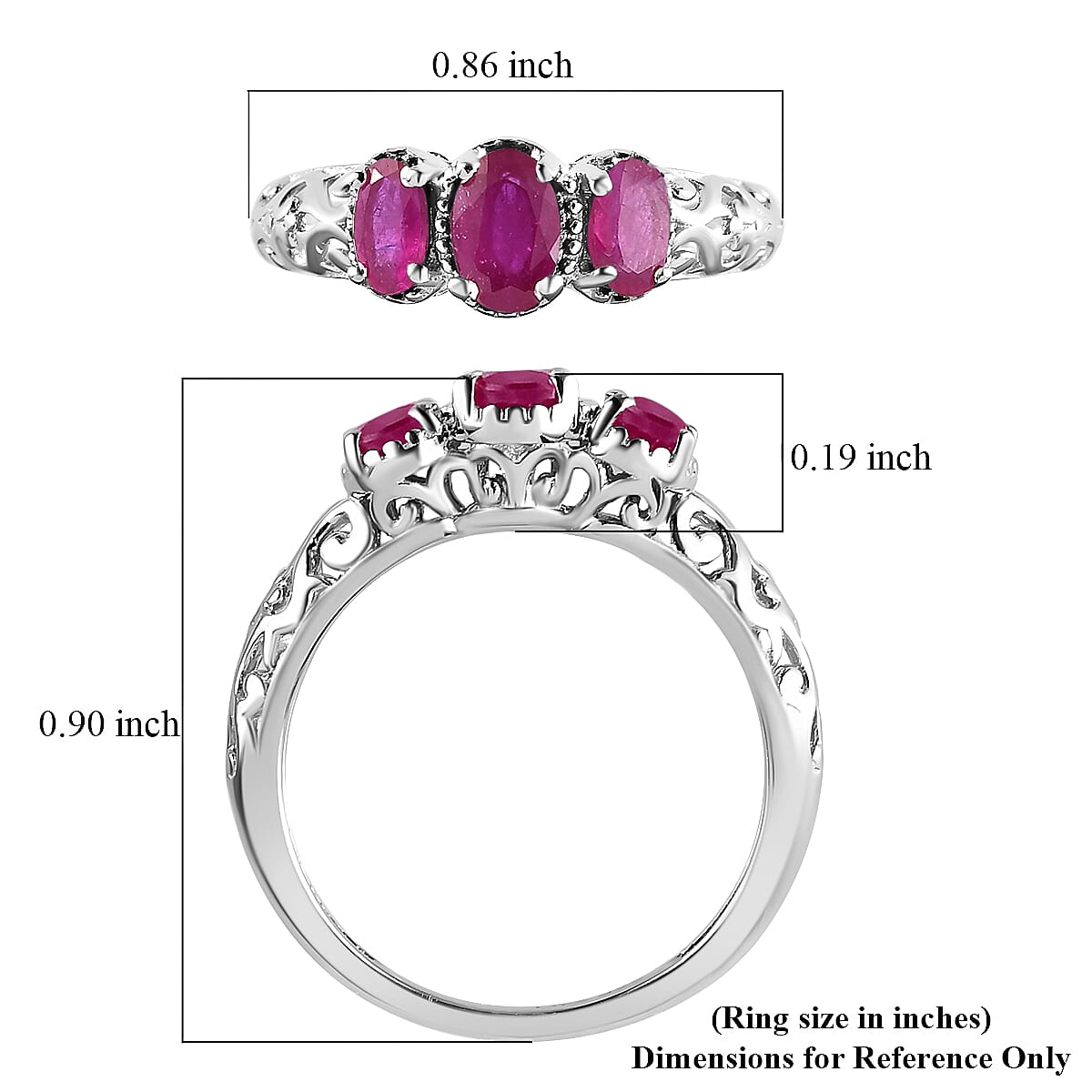 D'Joy Niassa Ruby (FF) 1.40 ctw 3 Stone Ring in Platinum Over Sterling Silver (Size 10.0)