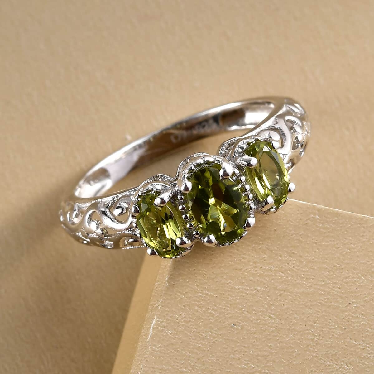 Peridot Ring, 3 Stone Peridot Ring, Trilogy Ring, Sterling Silver Ring, Birthstone Jewelry, Arizona Peridot 3 Stone Ring 1.00 ctw (Size 10.0) image number 4