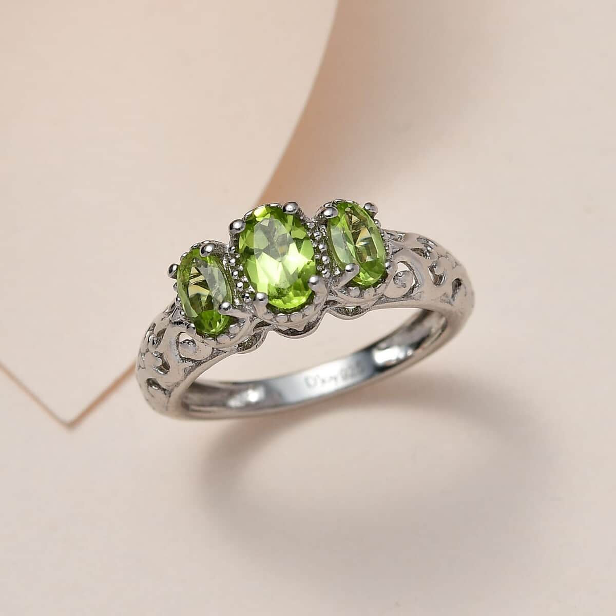 Peridot Ring, 3 Stone Peridot Ring, Trilogy Ring, Sterling Silver Ring, Birthstone Jewelry, Arizona Peridot 3 Stone Ring 1.00 ctw image number 1