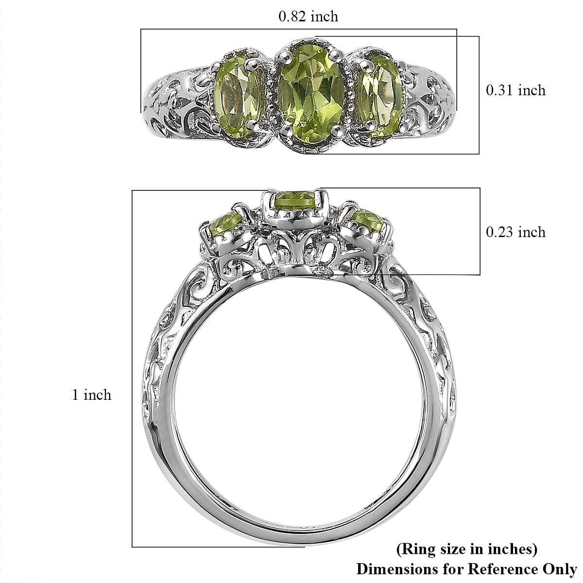 D'Joy Arizona Peridot 1.00 ctw 3 Stone Ring in Platinum Over Sterling Silver (Size 8.0) image number 5