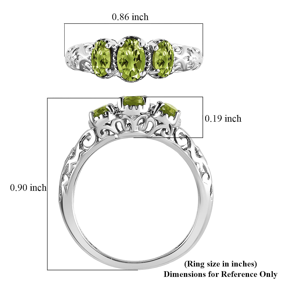 D'Joy Arizona Peridot 1.00 ctw 3 Stone Ring in Platinum Over Sterling Silver (Size 8.0) image number 7