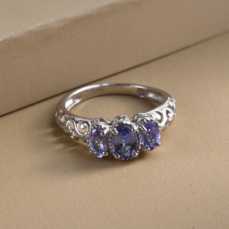 Doorbuster D'Joy Tanzanite 0.90 ctw 3 Stone Ring in Platinum Over Sterling Silver (Size 5.0)