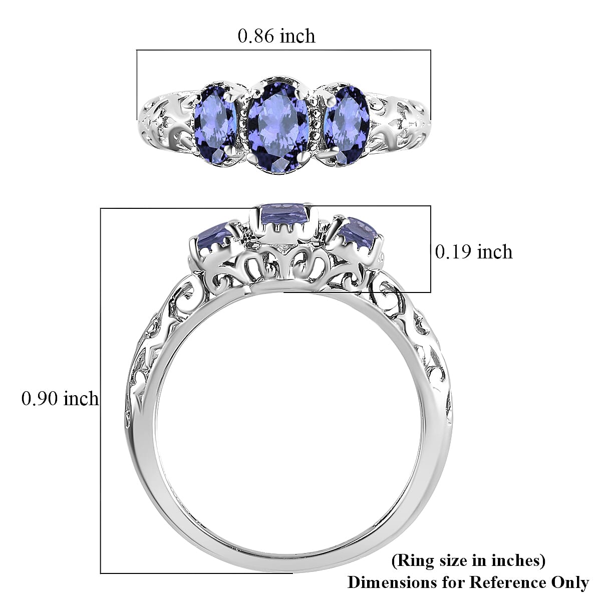D'Joy Tanzanite 0.90 ctw 3 Stone Ring in Platinum Over Sterling Silver (Size 5.0) image number 7