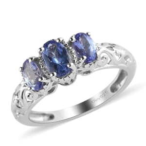 Tanzanite 0.90 ctw 3 Stone Ring in Platinum Over Sterling Silver (Size 6.0)