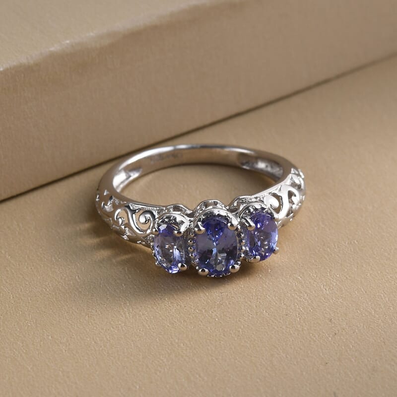 D'Joy Tanzanite 0.90 ctw 3 Stone Ring in Platinum Over Sterling Silver (Size 6.0)