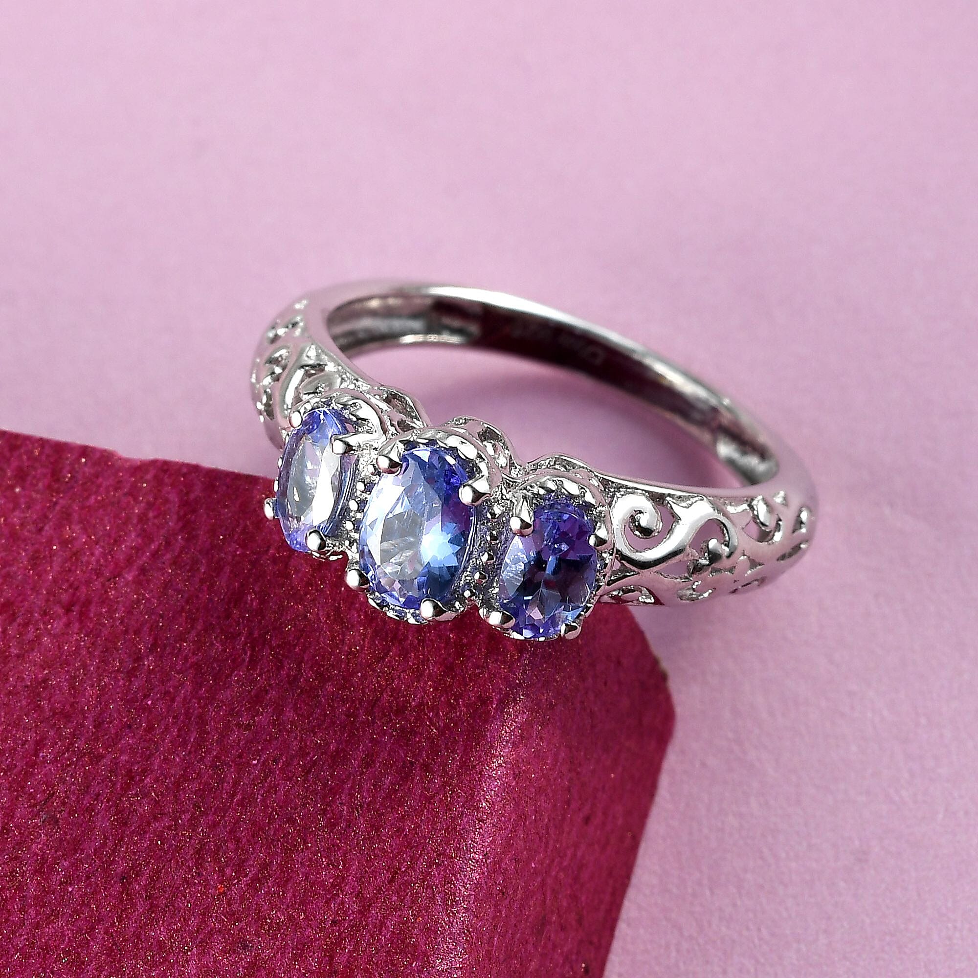 D'Joy Tanzanite 0.90 ctw 3 Stone Ring in Platinum Over Sterling Silver (Size 6.0)