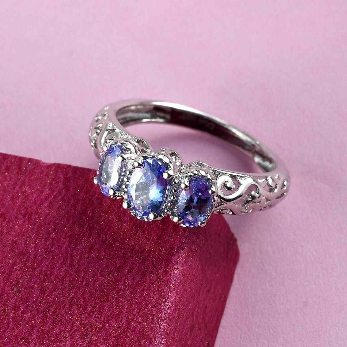 Tanzanite 0.90 ctw 3 Stone Ring in Platinum Over Sterling Silver (Size 6.0) image number 4