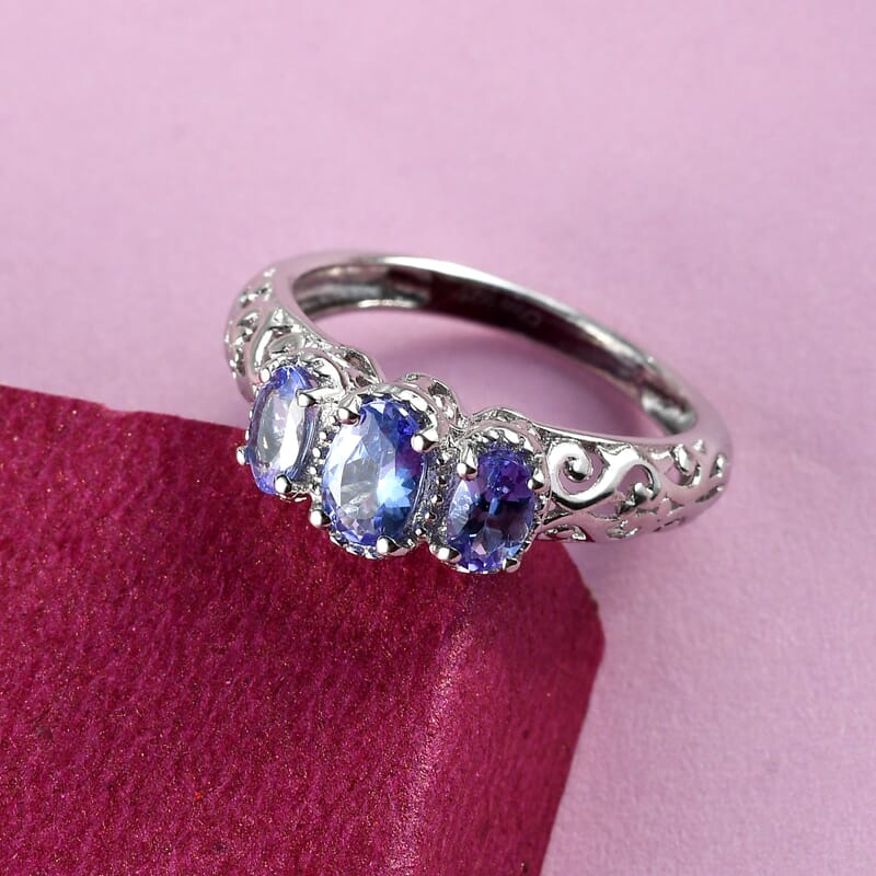 D'Joy Tanzanite 0.90 ctw 3 Stone Ring in Platinum Over Sterling Silver (Size 6.0)