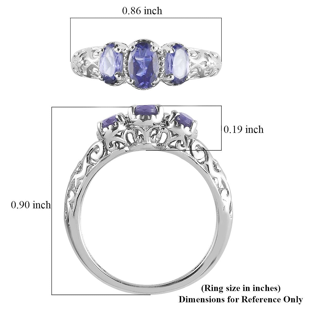 D'Joy Tanzanite 0.90 ctw 3 Stone Ring in Platinum Over Sterling Silver (Size 6.0)