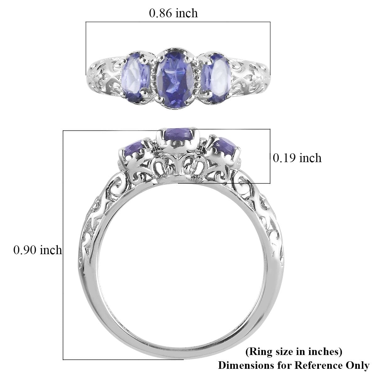 Tanzanite 0.90 ctw 3 Stone Ring in Platinum Over Sterling Silver (Size 6.0) image number 7