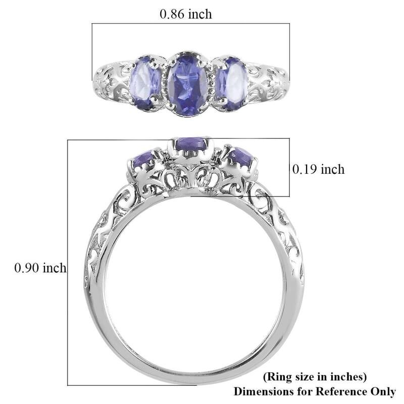 D'Joy Tanzanite 0.90 ctw 3 Stone Ring in Platinum Over Sterling Silver (Size 6.0)
