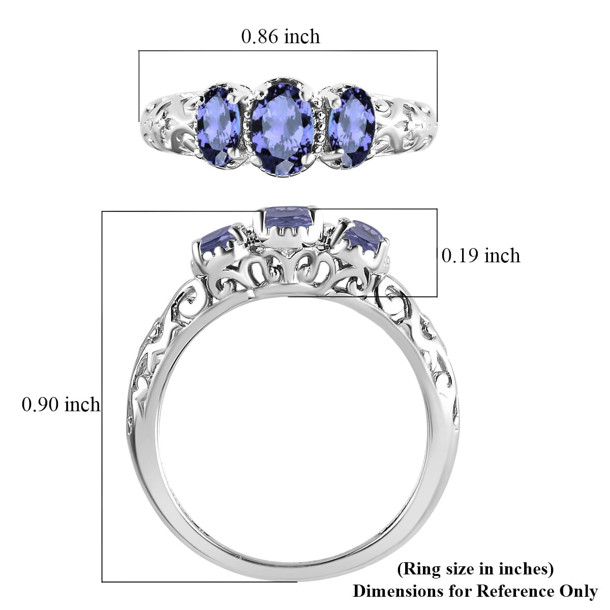 D'Joy Tanzanite 0.90 ctw 3 Stone Ring in Platinum Over Sterling Silver (Size 7.0) image number 7