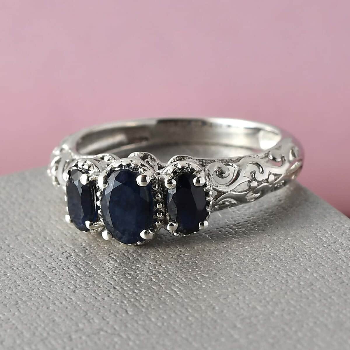 Madagascar Blue Sapphire (DF) 3 Stone Ring in Platinum Over Sterling Silver (Size 10.0) 1.25 ctw image number 3