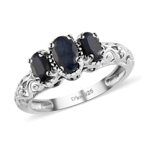 Madagascar Blue Sapphire (DF) 3 Stone Ring in Platinum Over Sterling Silver (Size 5.0) 1.25 ctw