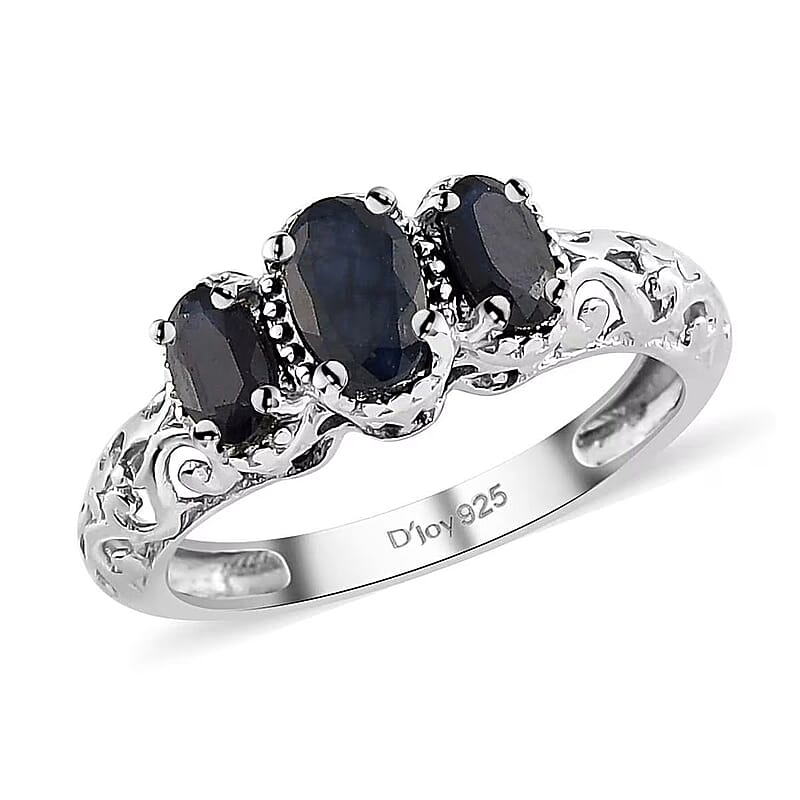 Madagascar Blue Sapphire (DF) 1.25 ctw 3 Stone Ring in Platinum Over Sterling Silver (Size 5.0)