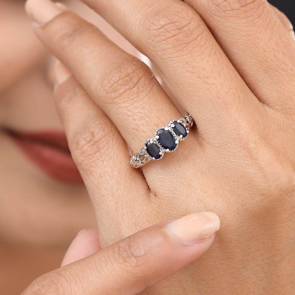 Madagascar Blue Sapphire (DF) 3 Stone Ring in Platinum Over Sterling Silver (Size 5.0) 1.25 ctw image number 2