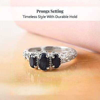 Madagascar Blue Sapphire (DF) 1.25 ctw 3 Stone Ring in Platinum Over Sterling Silver (Size 5.0)