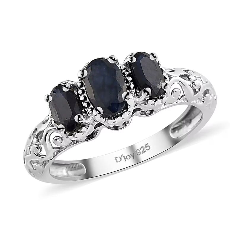 Madagascar Blue Sapphire (DF) 1.25 ctw 3 Stone Ring in Platinum Over Sterling Silver (Size 6.0)