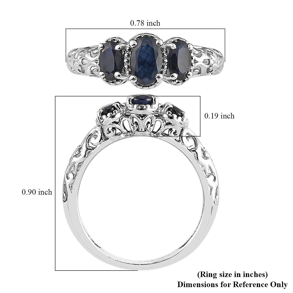 D'Joy Madagascar Blue Sapphire (DF) 1.25 ctw 3 Stone Ring in Platinum Over Sterling Silver (Size 7.0) image number 7