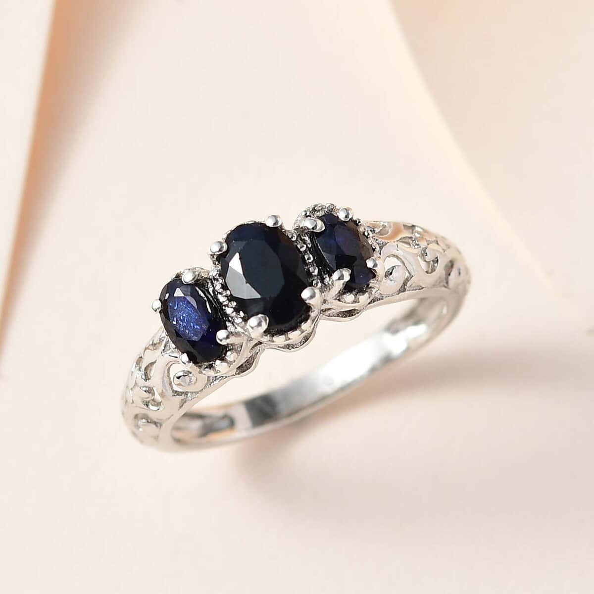 Madagascar Blue Sapphire (DF) 3 Stone Ring in Platinum Over Sterling Silver (Size 8.0) 1.25 ctw image number 3