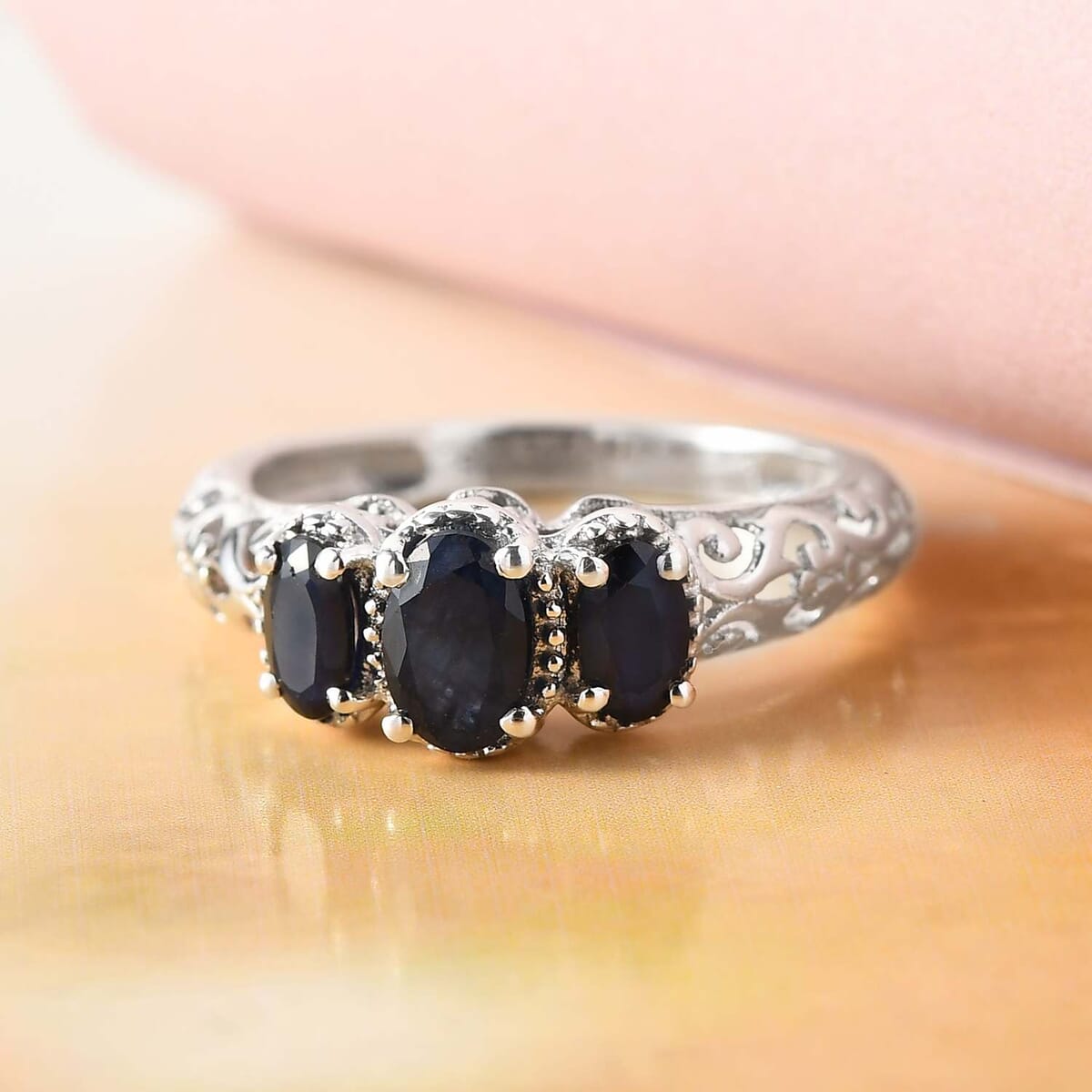 Madagascar Blue Sapphire (DF) 1.25 ctw 3 Stone Ring in Platinum Over Sterling Silver (Size 9.0) image number 4