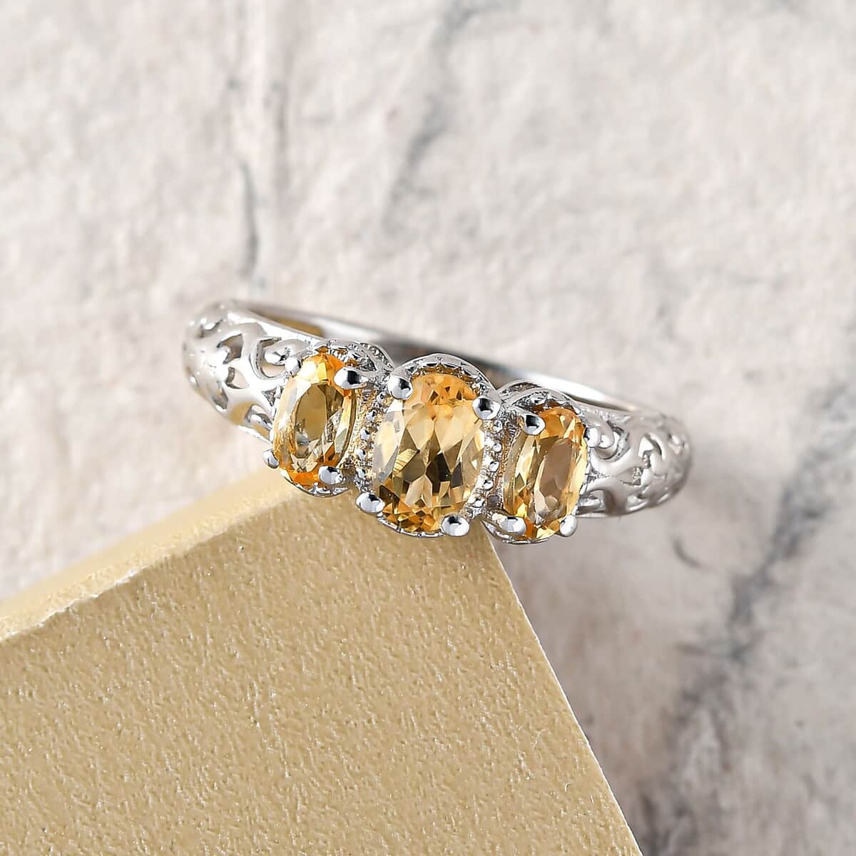 Citrine Ring, 3 Stone Citrine Ring, Trilogy Ring, Sterling Silver Ring, Birthstone Jewelry, Brazilian Citrine 3 Stone Ring 0.90 ctw (Size 10.0) image number 1