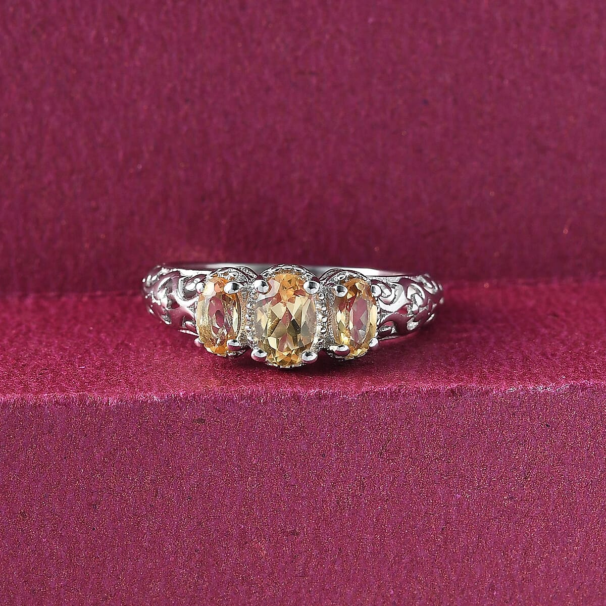 D'Joy Brazilian Citrine 0.90 ctw 3 Stone Ring in Platinum Over Sterling Silver (Size 8.0) image number 1