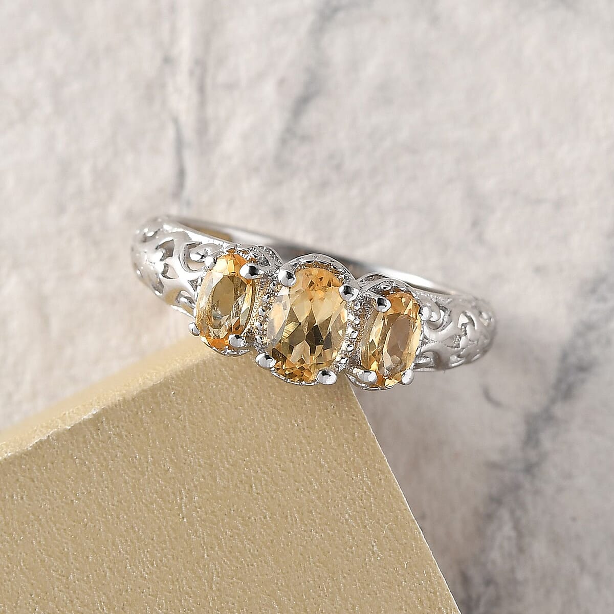 D'Joy Brazilian Citrine 0.90 ctw 3 Stone Ring in Platinum Over Sterling Silver (Size 8.0) image number 2