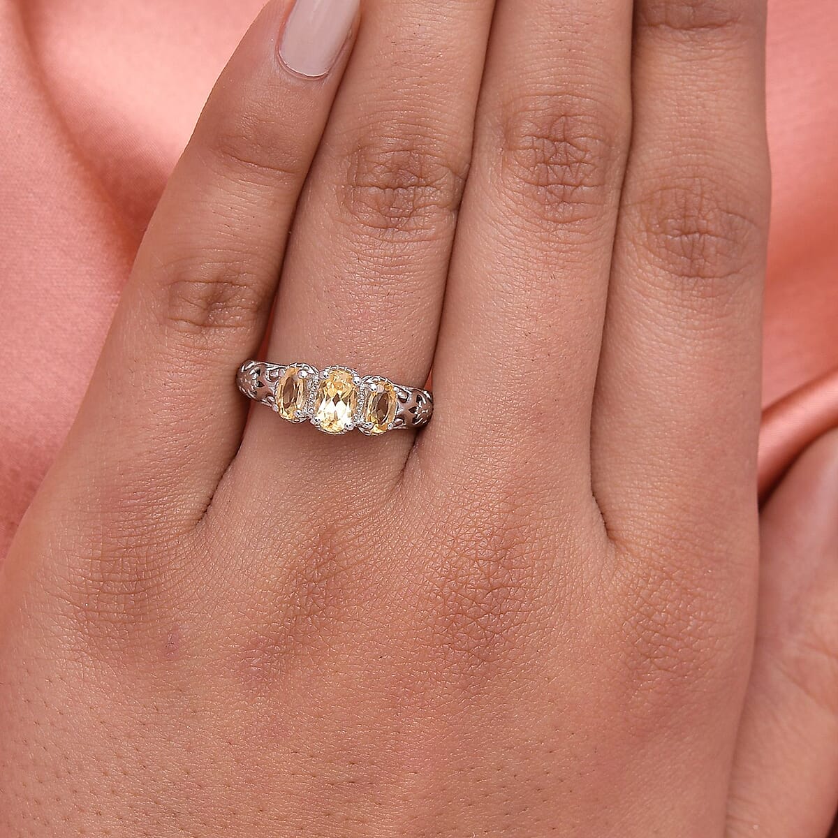 D'Joy Brazilian Citrine 0.90 ctw 3 Stone Ring in Platinum Over Sterling Silver (Size 8.0) image number 3