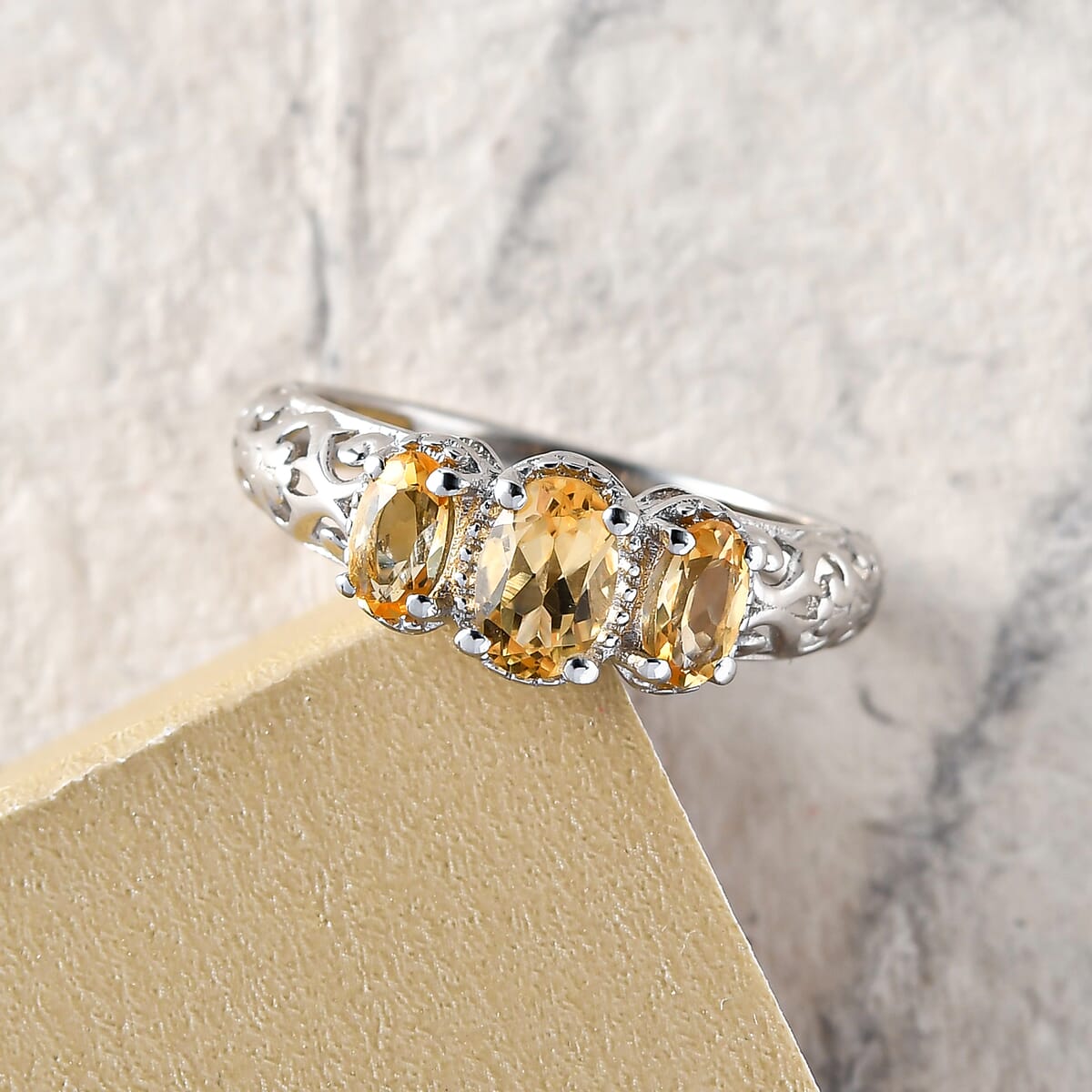 Brazilian Citrine 0.90 ctw 3 Stone Ring in Platinum Over Sterling Silver (Size 9.0) image number 1
