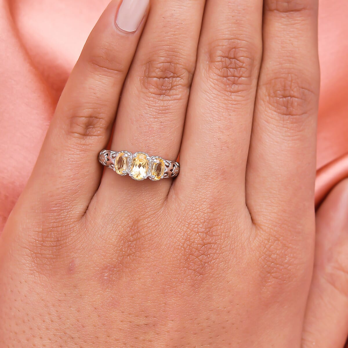 Brazilian Citrine 0.90 ctw 3 Stone Ring in Platinum Over Sterling Silver (Size 9.0) image number 2