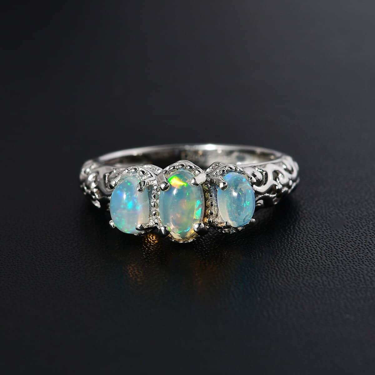 Opal Ring, 3 Stone Opal Ring, Trilogy Ring, Sterling Silver Ring, Birthstone Jewelry, Ethiopian Welo Opal 3 Stone Ring 0.75 ctw (Size 10) image number 1