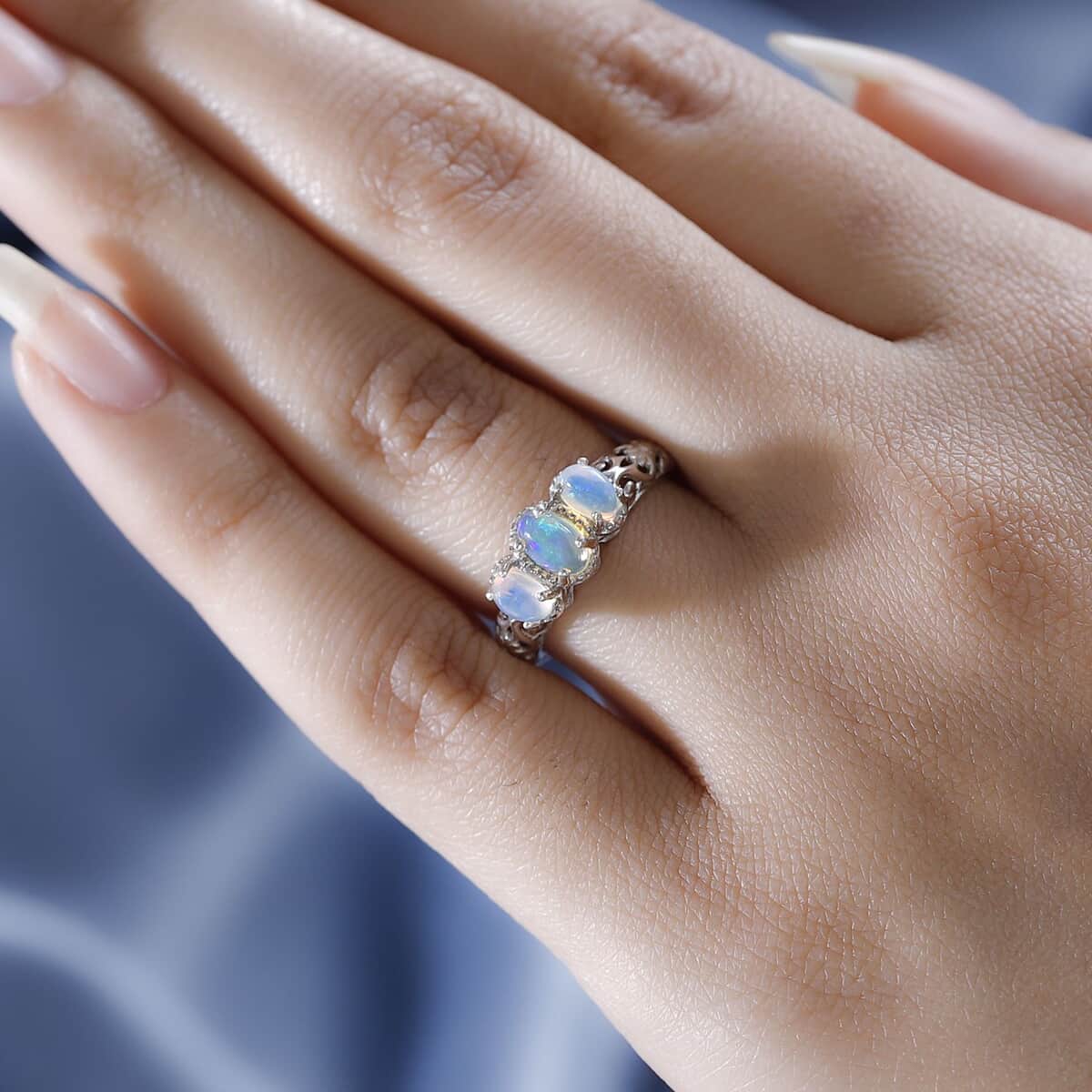 Opal Ring, 3 Stone Opal Ring, Trilogy Ring, Sterling Silver Ring, Birthstone Jewelry, Ethiopian Welo Opal 3 Stone Ring 0.75 ctw (Size 10) image number 2