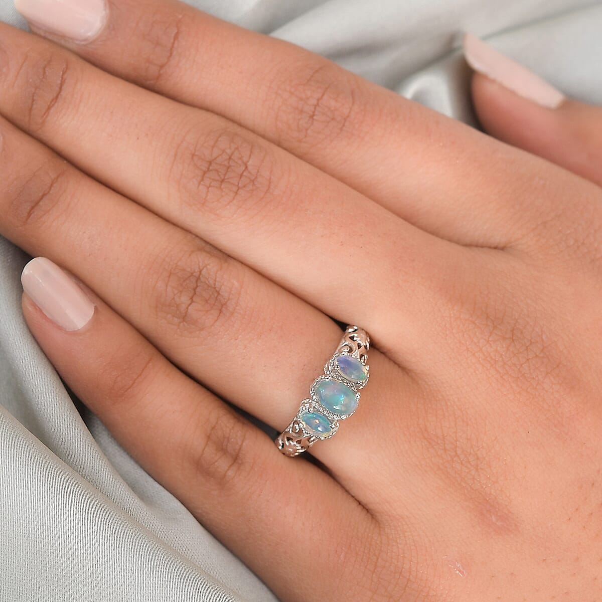 D'Joy Opal Ring, 3 Stone Opal Ring, Trilogy Ring, Sterling Silver Ring, Birthstone Jewelry, Ethiopian Welo Opal 3 Stone Ring 0.75 ctw (Size 5) image number 2