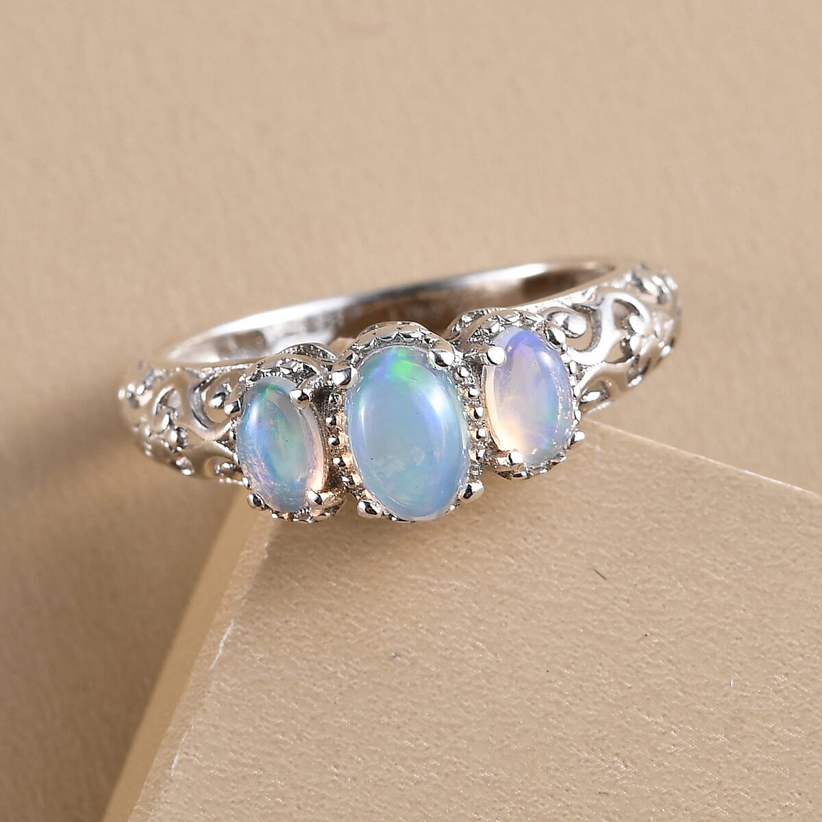 D'Joy Ethiopian Welo Opal 0.70 ctw 3 Stone Ring in Platinum Over Sterling Silver (Size 7.0) image number 1