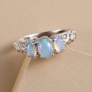 D'Joy Ethiopian Welo Opal 3 Stone Ring in Platinum Over Sterling Silver 0.70 ctw (Size 7.0)