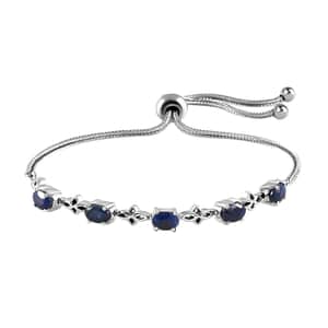 Madagascar Blue Sapphire Bracelet, Station Bolo Bracelet, Platinum Over Sterling Silver and Stainless Steel Bracelet, Sapphire Bolo Bracelet 3.15 ctw