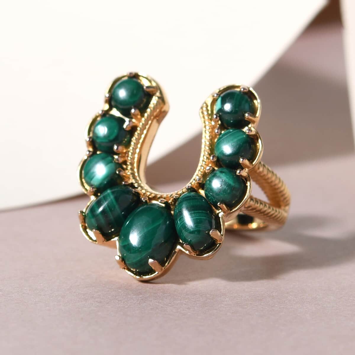 Karis African Malachite Horseshoe Ring in 18K YG Plated (Size 7.0) 5.00 ctw image number 1