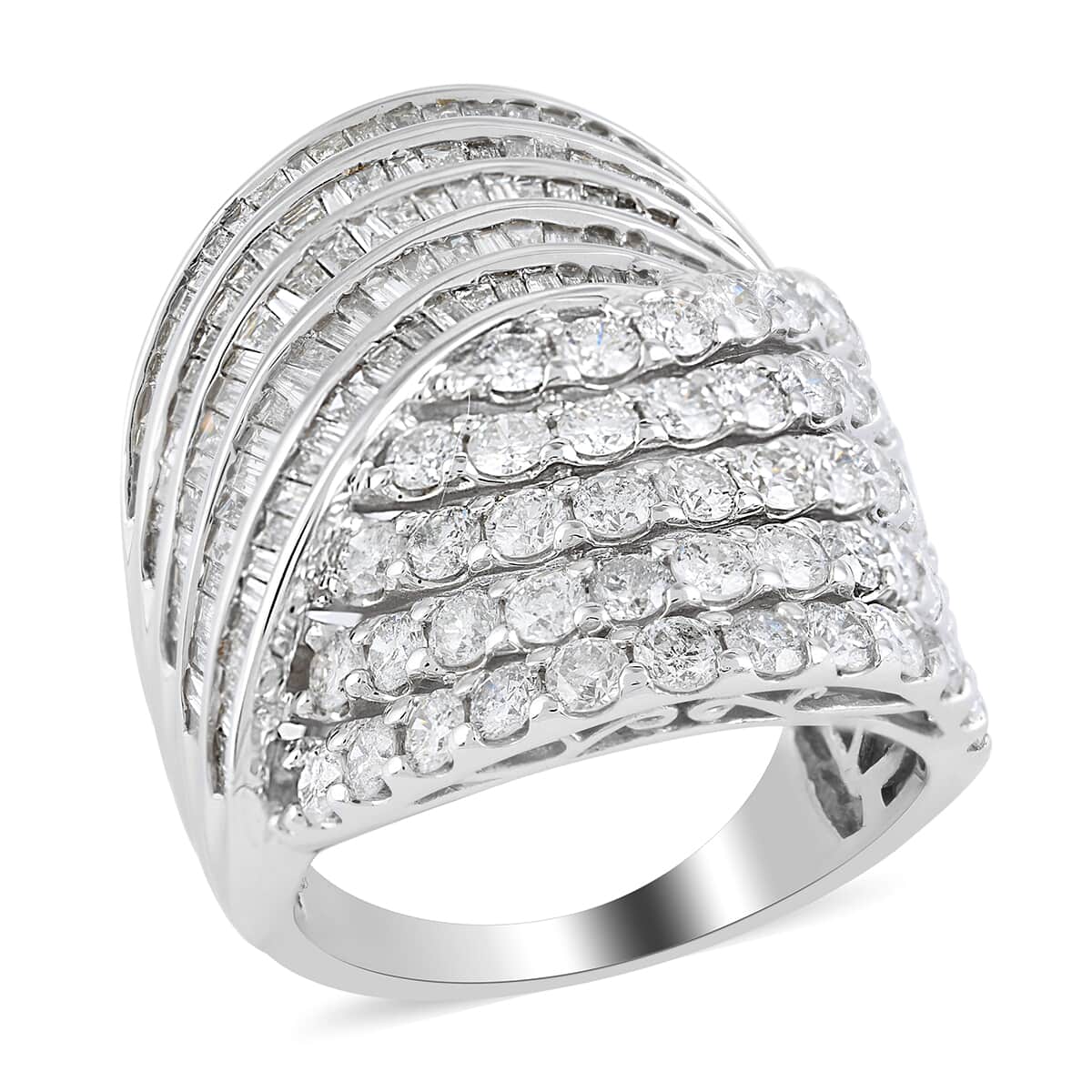NY Closeout 10K White Gold Diamond Twisted Multi Row Ring (Size 7.0) 5.80 Grams 2.00 ctw image number 0