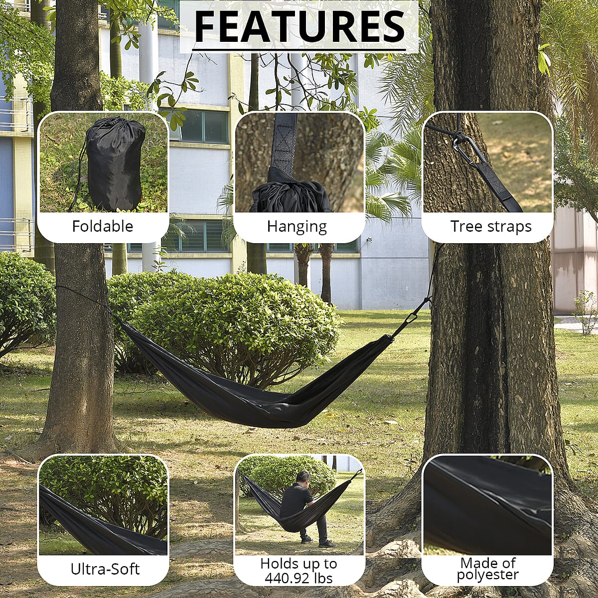 Black Camping Hammock with 2 Tree Straps image number 2