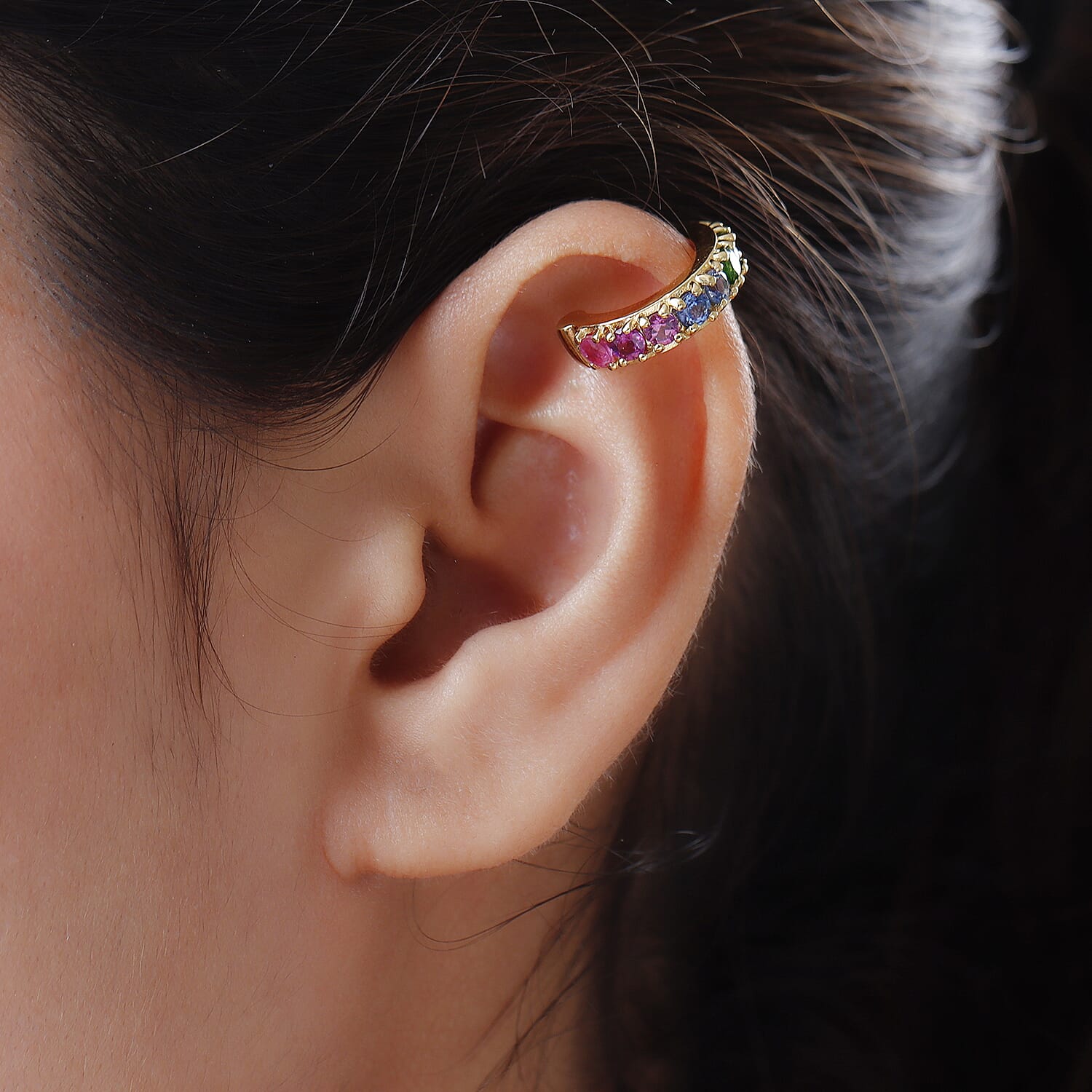 Multi Gemstone Open Band Rainbow Ear Cuff in Vermeil Yellow Gold Over Sterling Silver 1.65 ctw