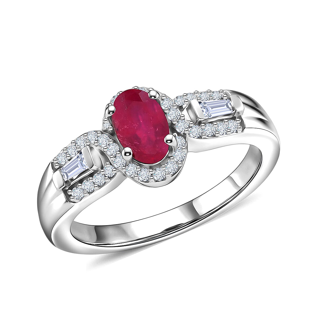 African Ruby and White Zircon 1.25 ctw Ring in Platinum Over Sterling Silver (Size 5.5)
