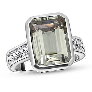 Prasiolite and White Zircon 7.75 ctw Ring in Platinum Over Sterling Silver (Size 6.5)