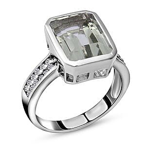 Prasiolite and White Zircon 7.75 ctw Ring in Platinum Over Sterling Silver (Size 6.5)