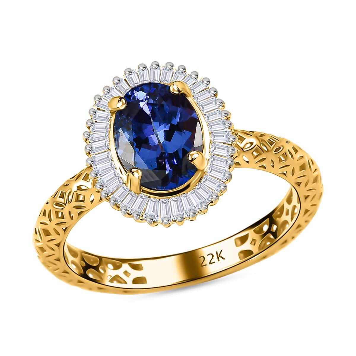 Mirage Collection 22K Yellow Gold AAAA Tanzanite and E-F VS2 Diamond Halo Ring (Size 6.0) 2.60 Grams 1.60 ctw image number 0