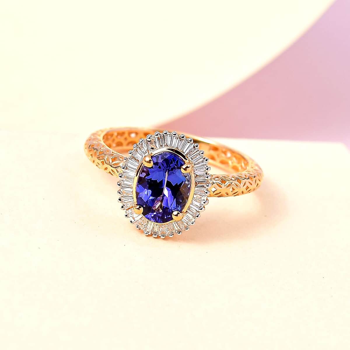 Mirage Collection 22K Yellow Gold AAAA Tanzanite and E-F VS2 Diamond Halo Ring (Size 6.0) 2.60 Grams 1.60 ctw image number 1