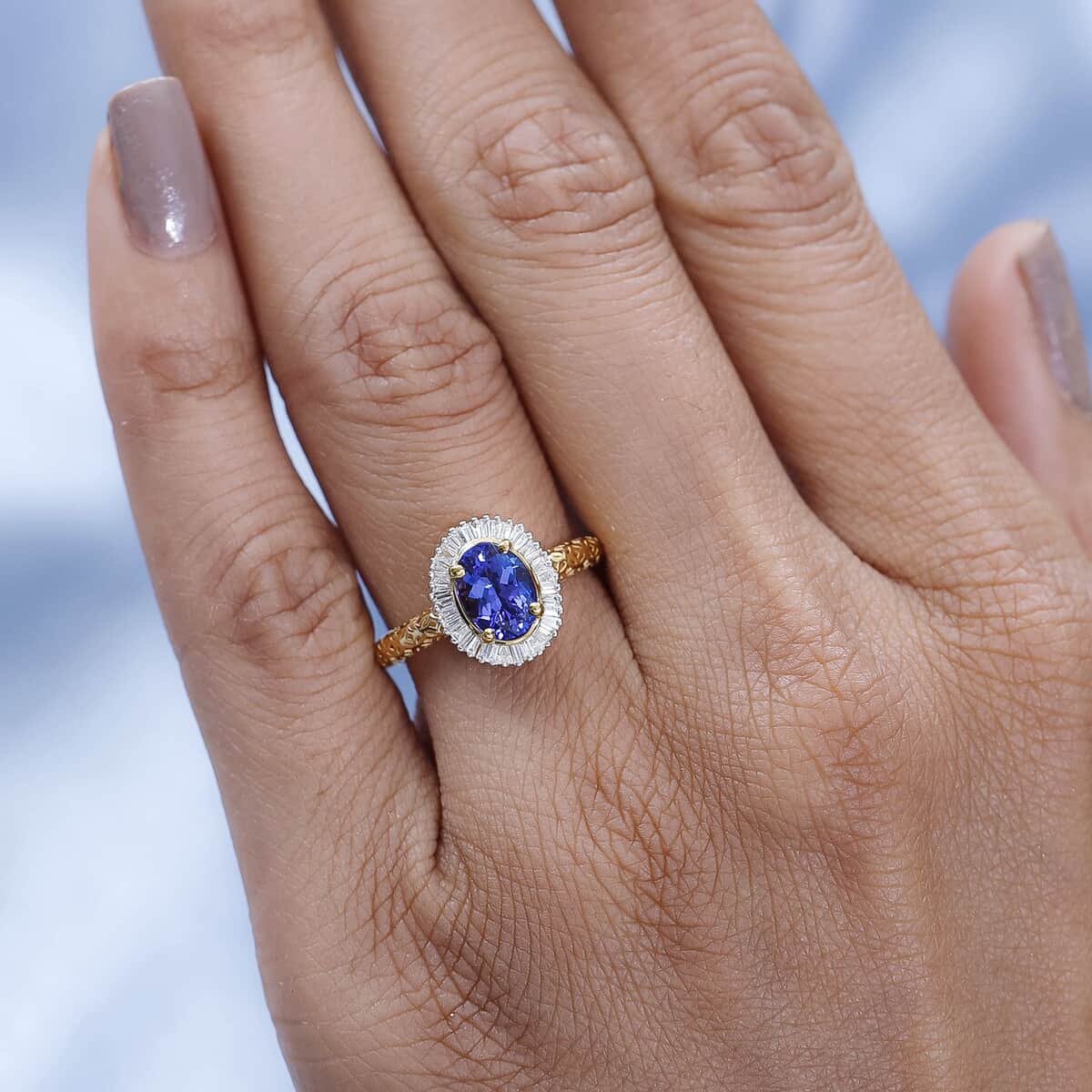 MIRAGE COLLECTION 22K Yellow Gold AAAA Tanzanite and Diamond E-F VS2 Halo Ring 2.50 Grams 1.60 ctw image number 2