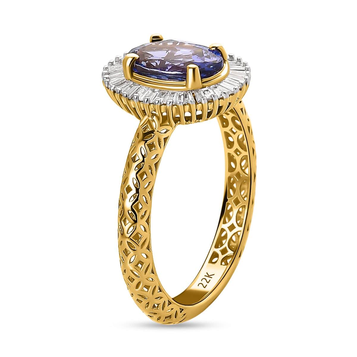 Mirage Collection 22K Yellow Gold AAAA Tanzanite and E-F VS2 Diamond Halo Ring (Size 6.0) 2.60 Grams 1.60 ctw image number 3